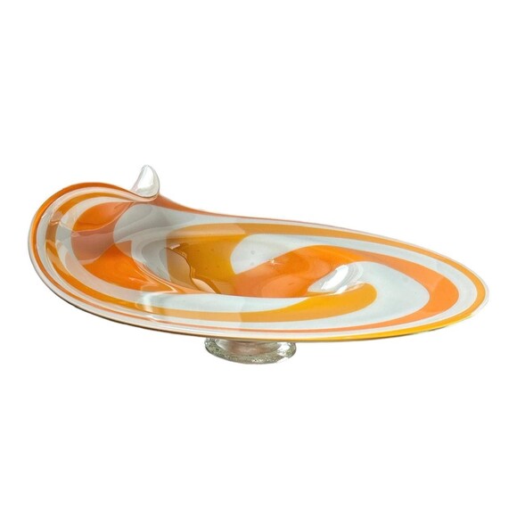 Large Hand Blown Orange and White Swirled Decorative Dish with Folded Lip - Picture 5 of 6